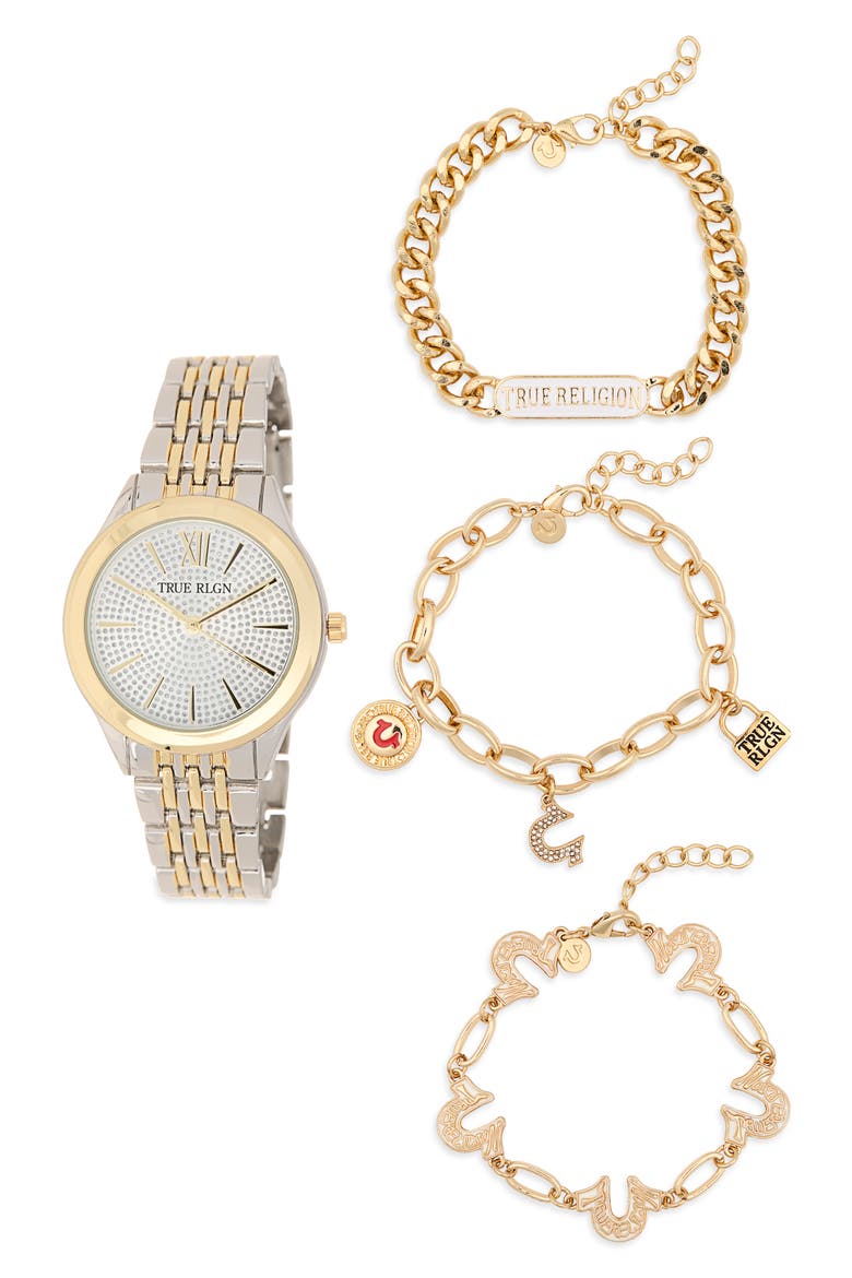 Crystal Logo Two-Tone Bracelet Watch, 33.8mm & Assorted Bracelets Set, Main, color, TWO TONE