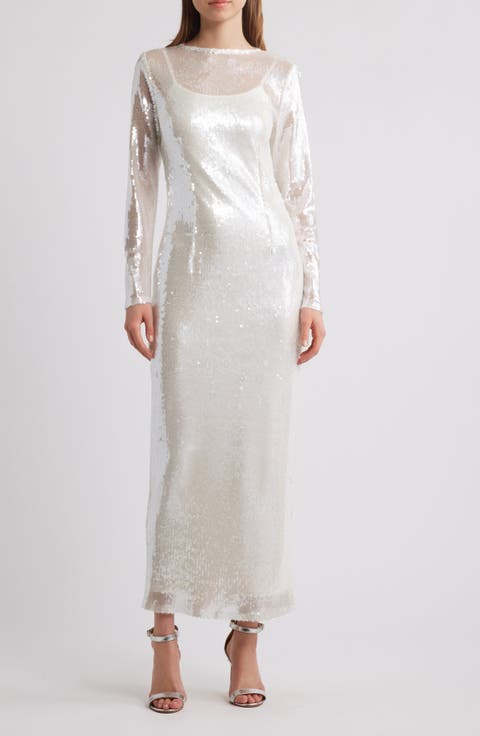 Sequin Long Sleeve Semisheer Cocktail Maxi Dress
