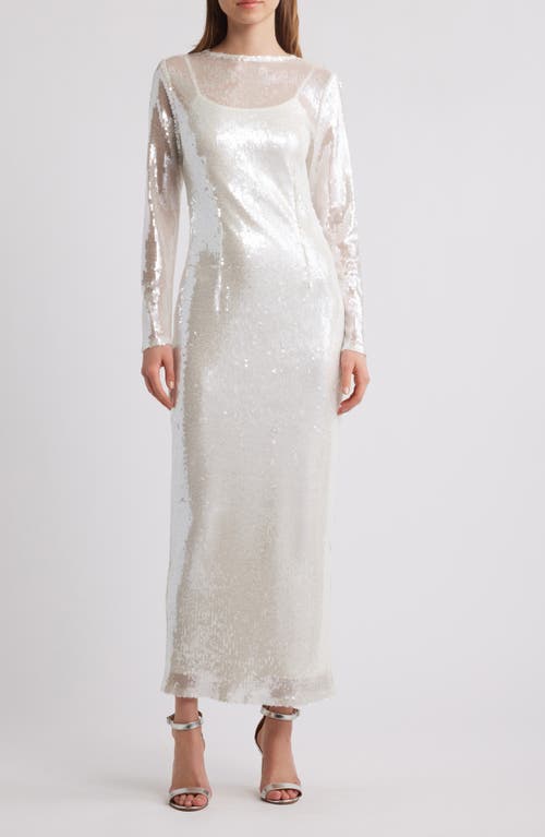 Rare London Sequin Long Sleeve Semisheer Cocktail Maxi Dress In White