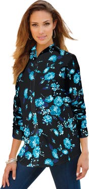 Roaman's Plus Size Kate Long Sleeve Easy Cotton Blend Button Front Shirt