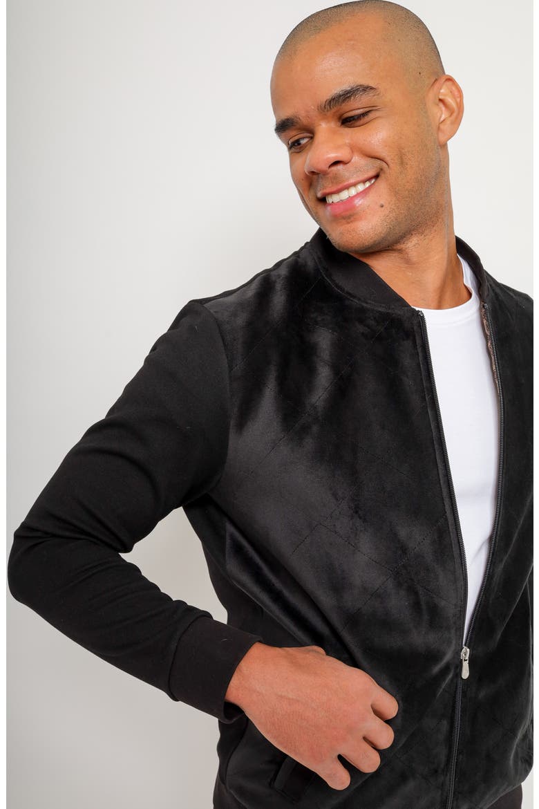 Aragon Velvet Quilted Bomber Sweatshirt, Alternate, color, BLACK