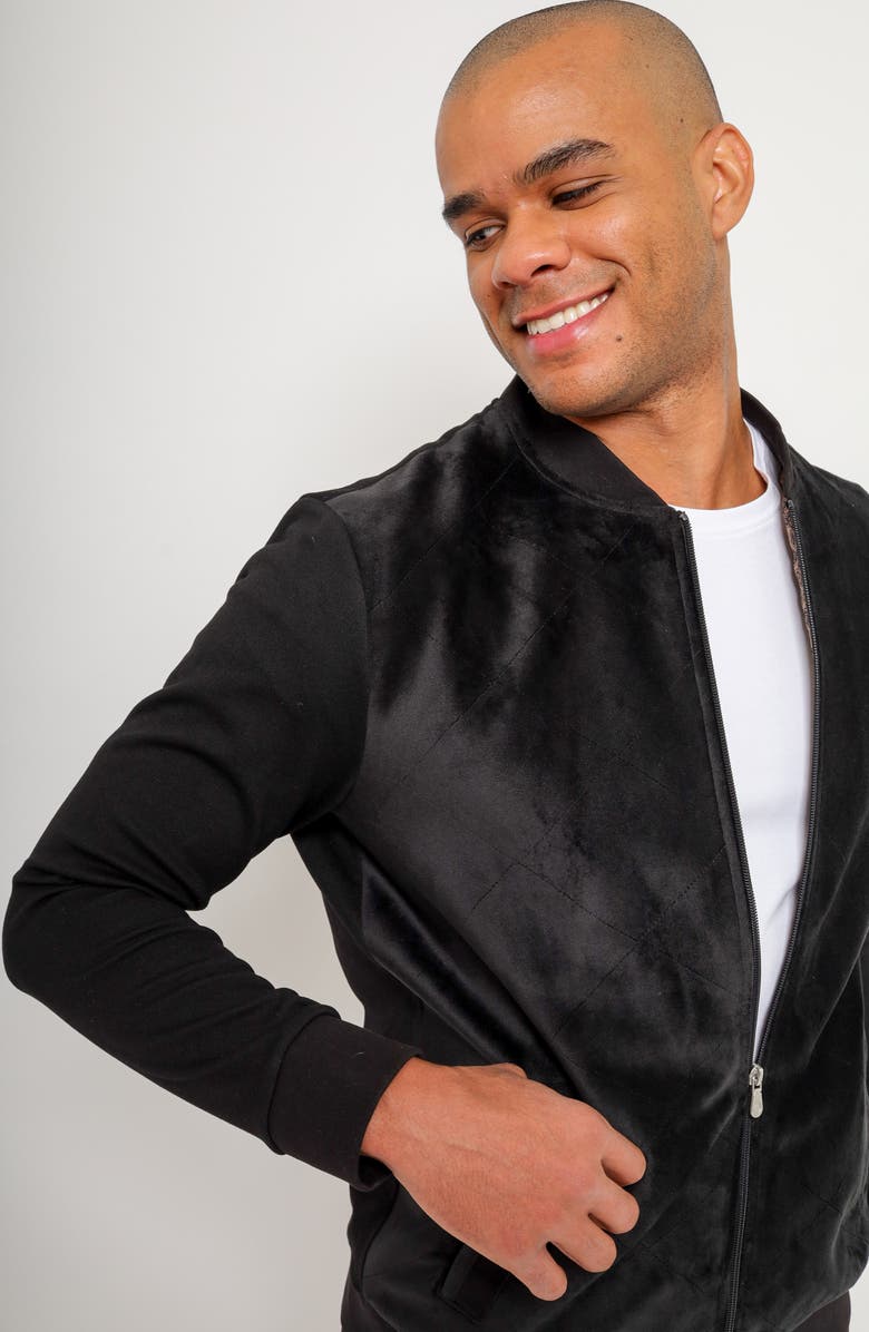 PinoPorte Aragon Velvet Quilted Bomber Sweatshirt, Alternate, color, Black