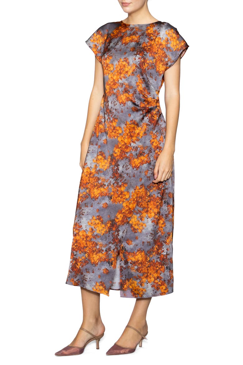 Floral Print Cap Sleeve Dress, Alternate, color, GREY/ RUST ABSTRACT
