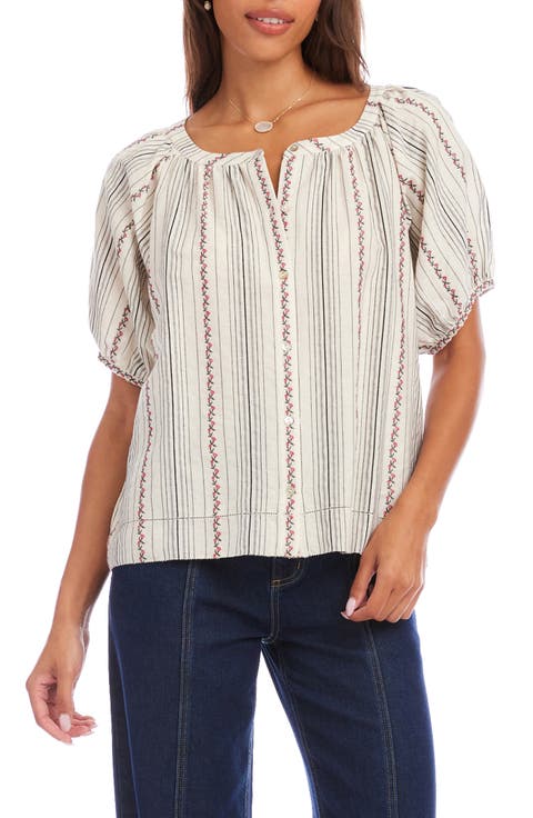 Stripe & Embroidery Peasant Top