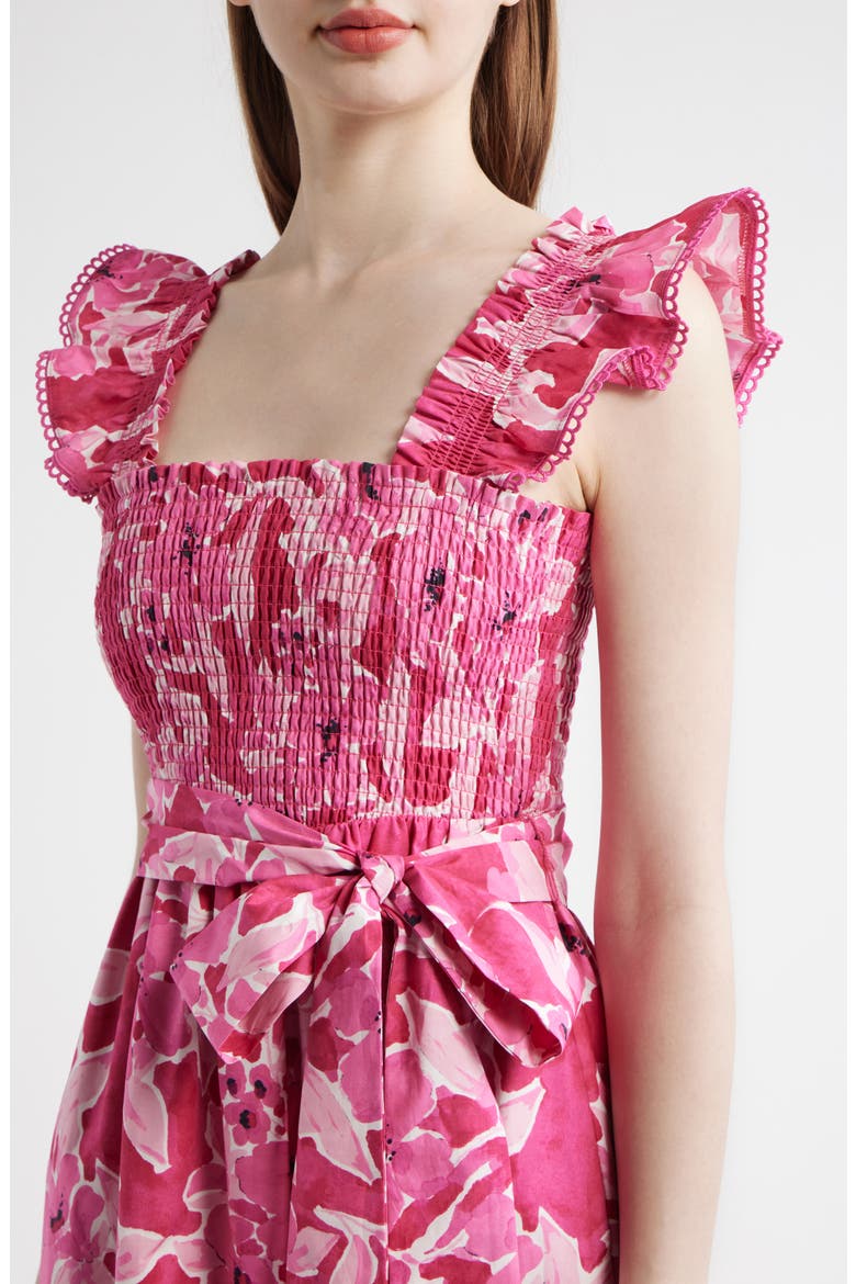 Smocked Ruffle Midi Dress, Alternate, color, VIBRANT PINK MULTI
