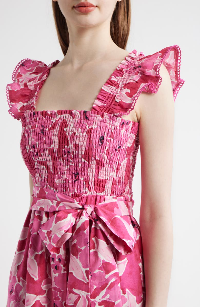 Anne Klein Smocked Ruffle Midi Dress, Alternate, color, Vibrant Pink Multi