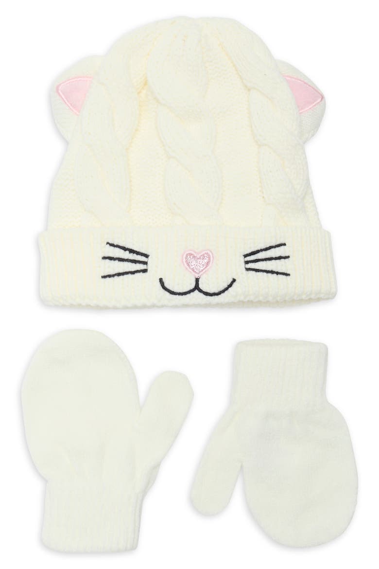 Baby Cable Knit Kitty Beanie & Mittens Set, Main, color, IVORY COMBO
