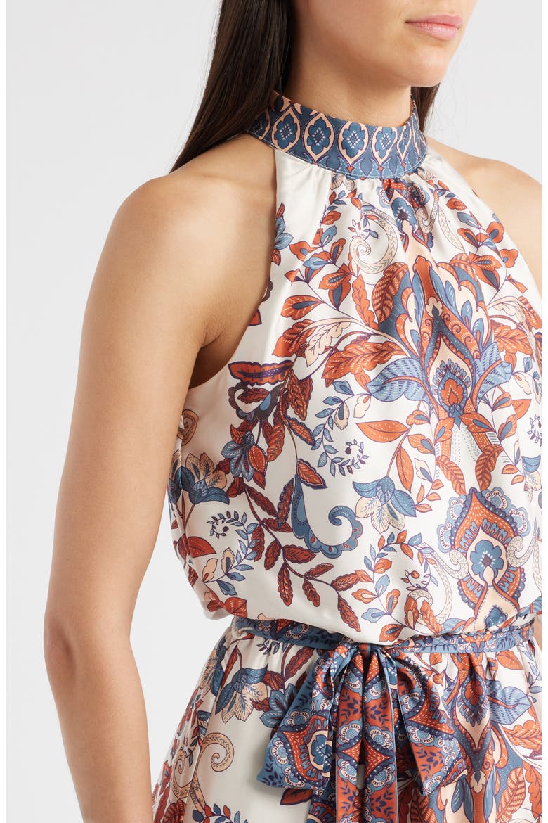 Sleeveless Tiered Mock Neck Waist Tie Dress, Alternate, color, IVORY MULTI