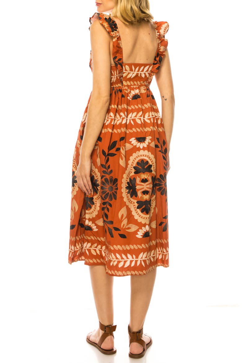 Printed Flutter Sleeve Midi Dress, Alternate, color, ROOIBOS TEA