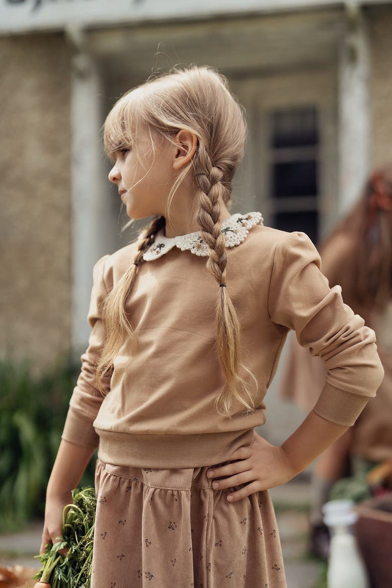 2 Piece Corduroy Skirt Set with Crochet Collar French Fleece Sweater, Alternate, color, Dusty Pink