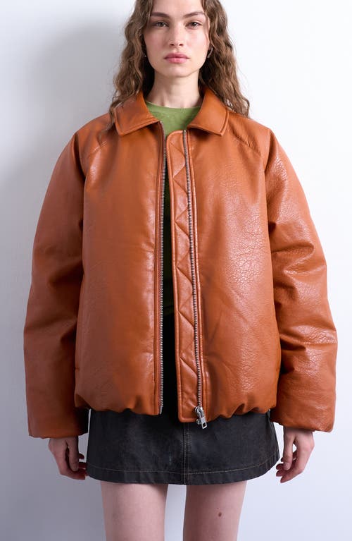 Topshop Faux Leather Padded Puffer Jacket In Orange