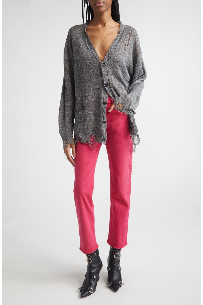 Romeo Distressed Crop Slim Straight Leg Jeans, Alternate, color, FUCHSIA STRETCH