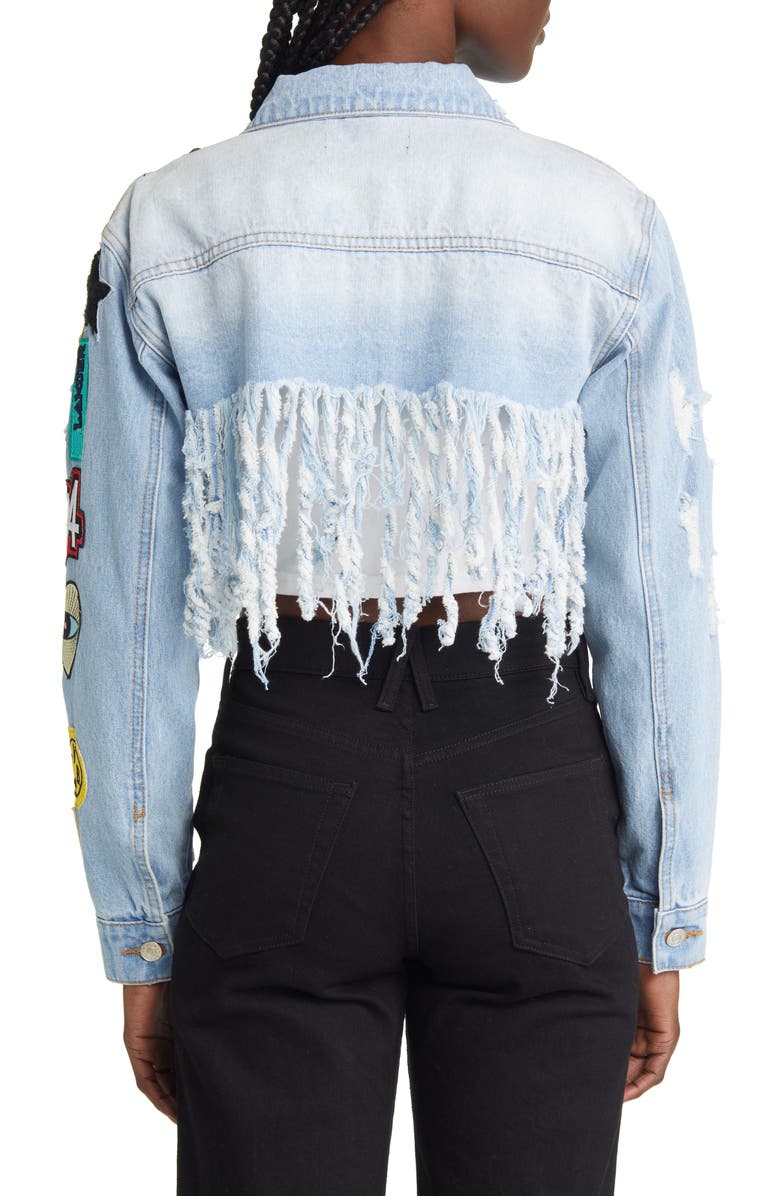 AZALEA WANG Patch Fringe Denim Jacket, Alternate, color, 