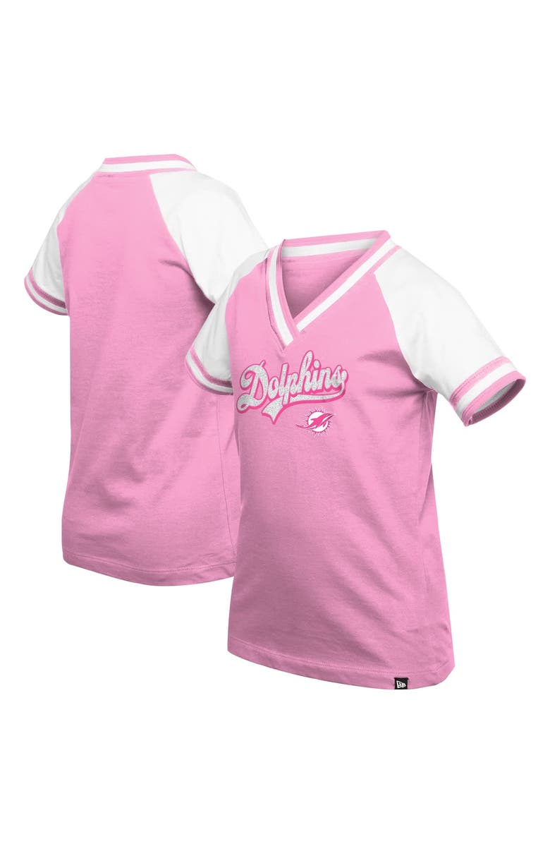 New Era Girl's Youth New Era  Pink Miami Dolphins Mommy & Me Multiplier Raglan V-Neck T-Shirt, Main, color, Pink