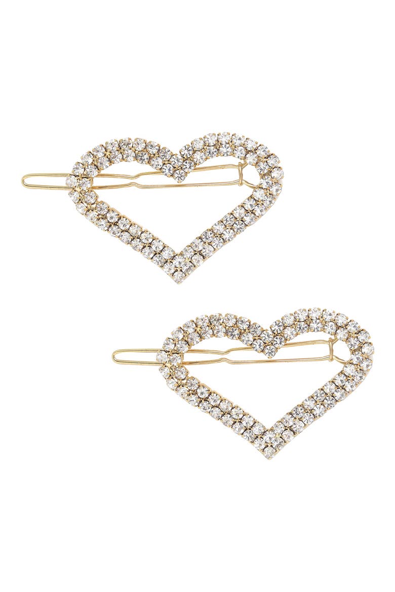 Set of 2 Crystal Heart Barrettes, Main, color, GOLD