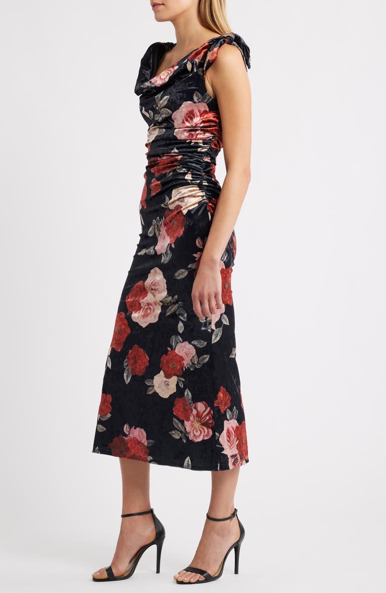 Lulus Teagan Floral Print Off the Shoulder Velvet Dress, Alternate, color, Black Multi