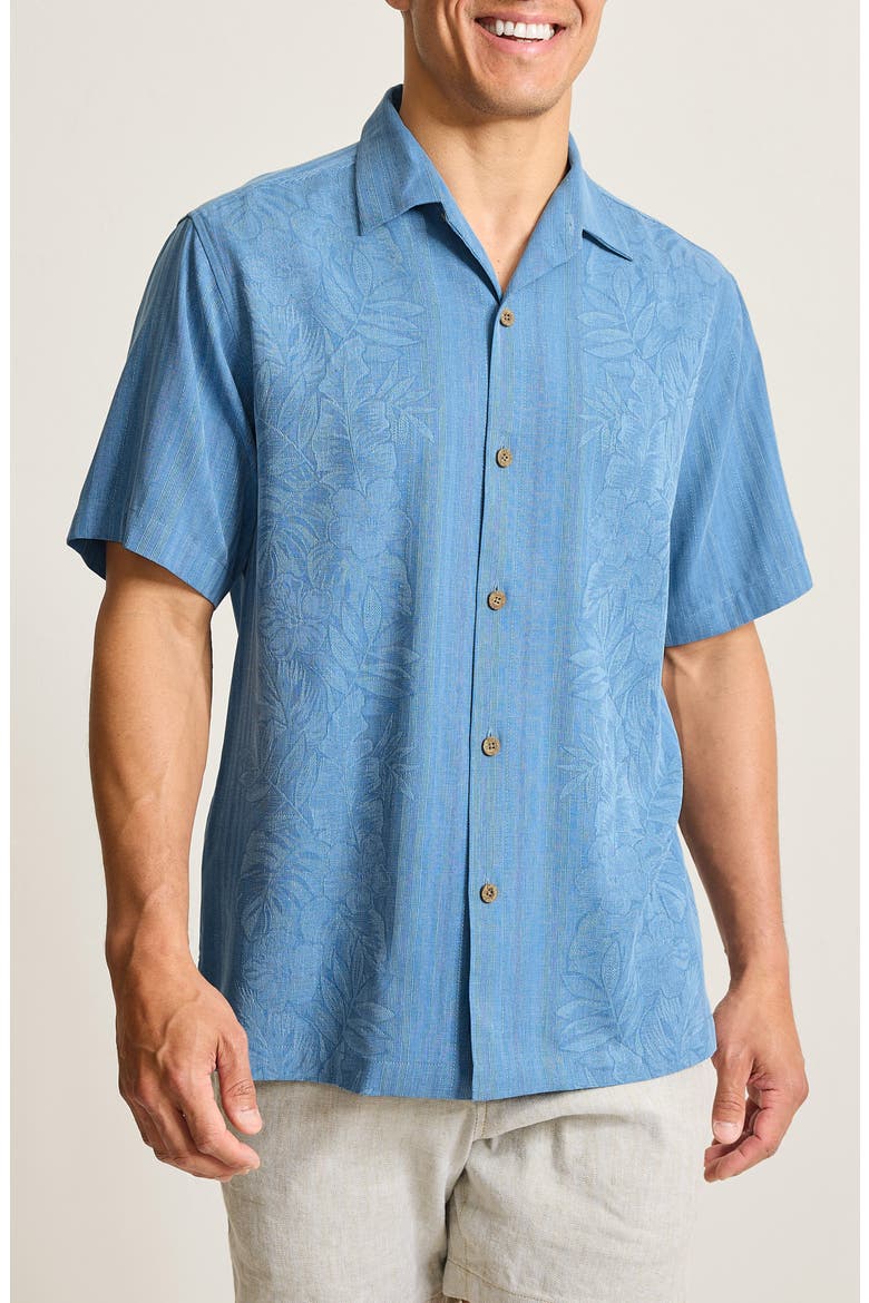 Maui Border Silk Short Sleeve Button-Up Shirt, Main, color, BUCCANEER BLUE