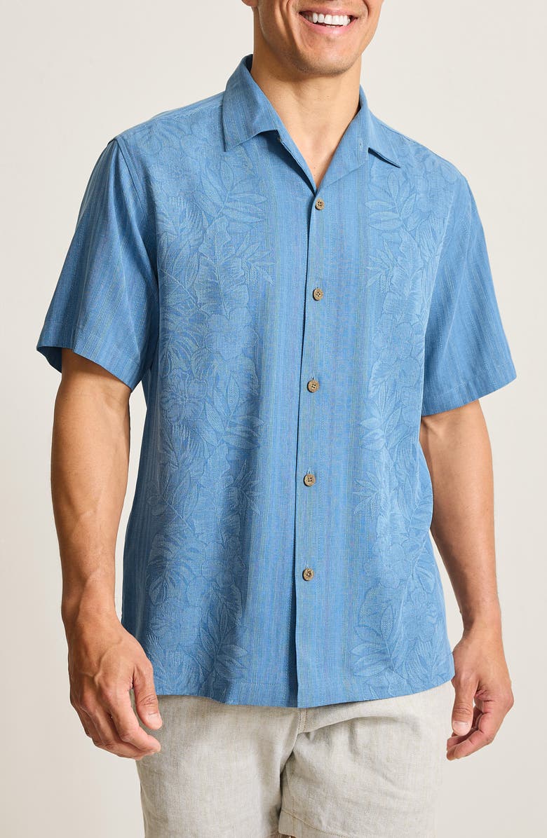 Tommy Bahama Maui Border Silk Short Sleeve Button-Up Shirt, Main, color, Buccaneer Blue