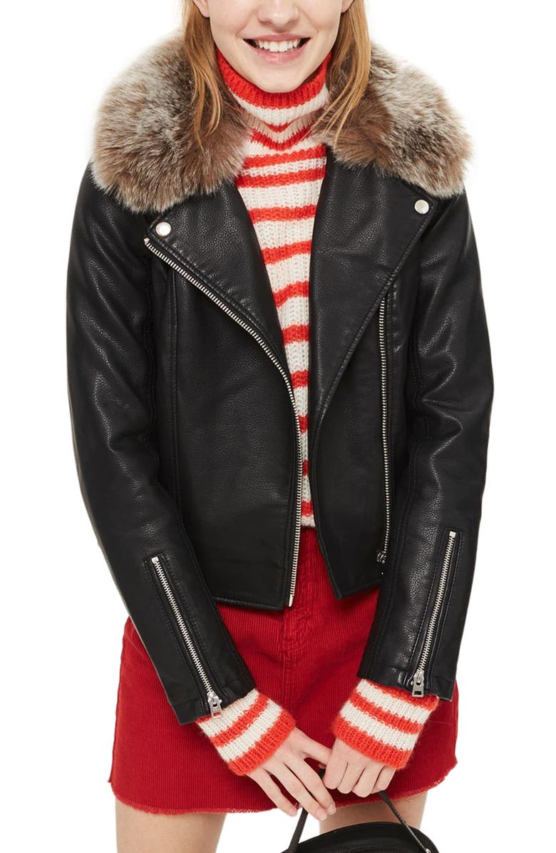 Topshop Rayne Faux Fur Trim Biker Jacket, Main, color, 