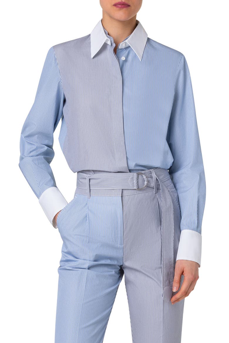 Colorblock Microstripe Cotton Batiste Button-Up Shirt, Main, color, INK-SAPPHIRE-CREAM