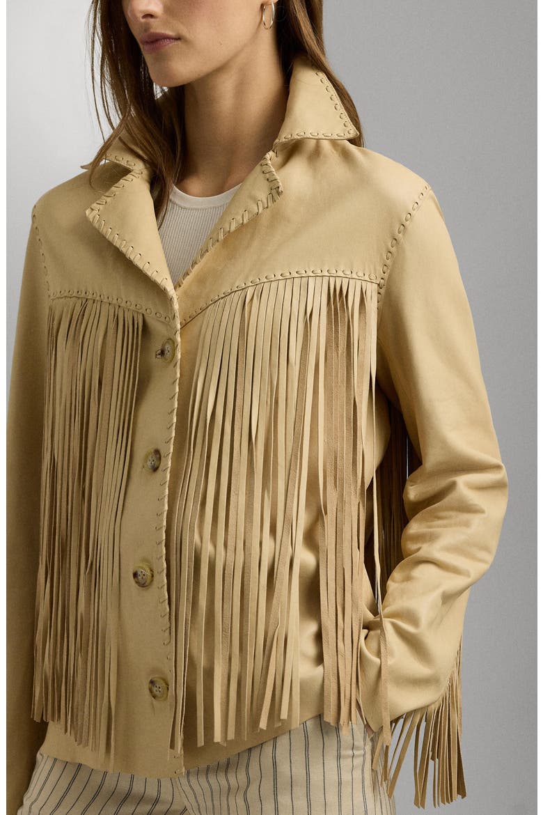 Fringe Trim Lambskin Leather Shirt Jacket, Alternate, color, DESERT CREAM