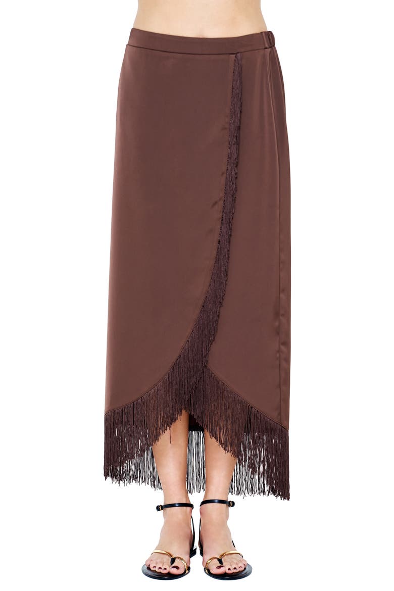 Sana Fringe Trim Satin Midi Skirt, Main, color, BROWN