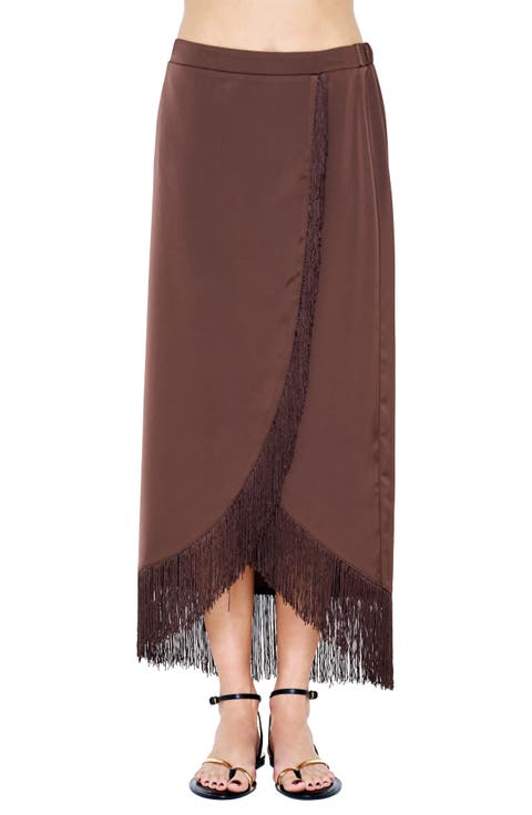Sana Fringe Trim Satin Midi Skirt
