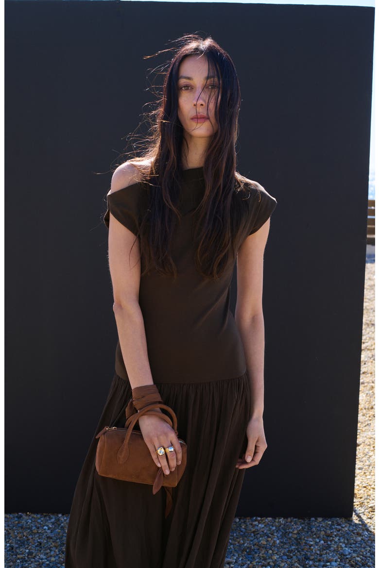 One-Shoulder Flared Maxi Dress, Alternate, color, BROWN