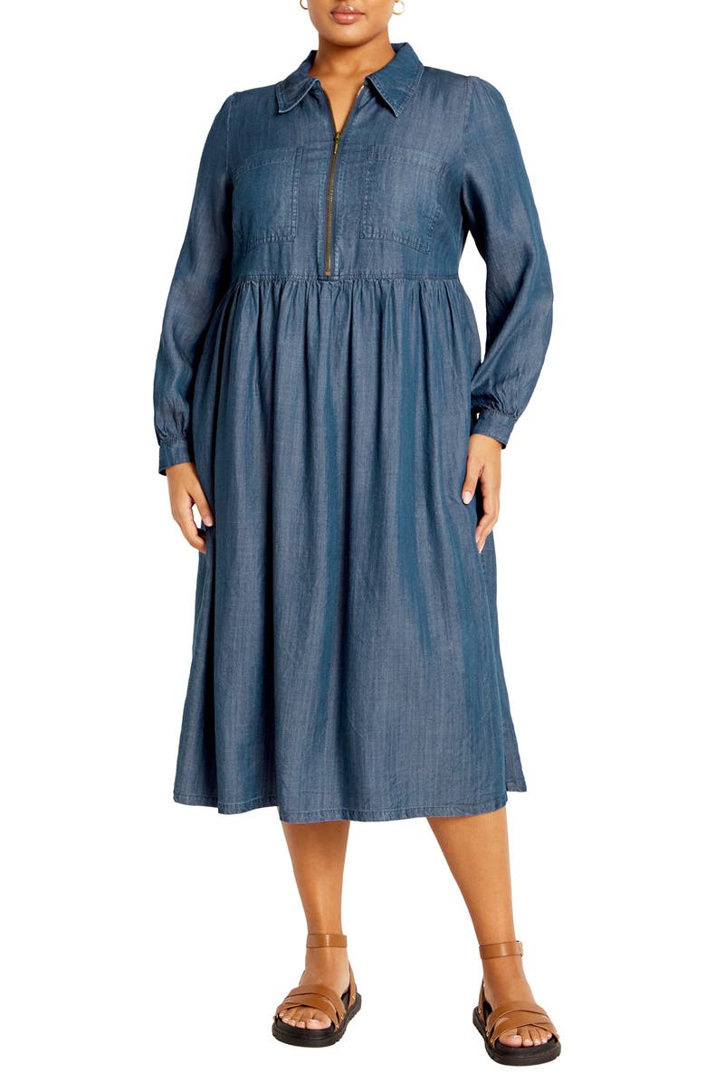 City Chic Long Sleeve Denim Shirtdress, Main, color, 