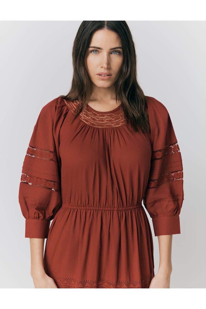 Leoni Lace Trim Cotton Midi Dress, Alternate, color, Burgundy