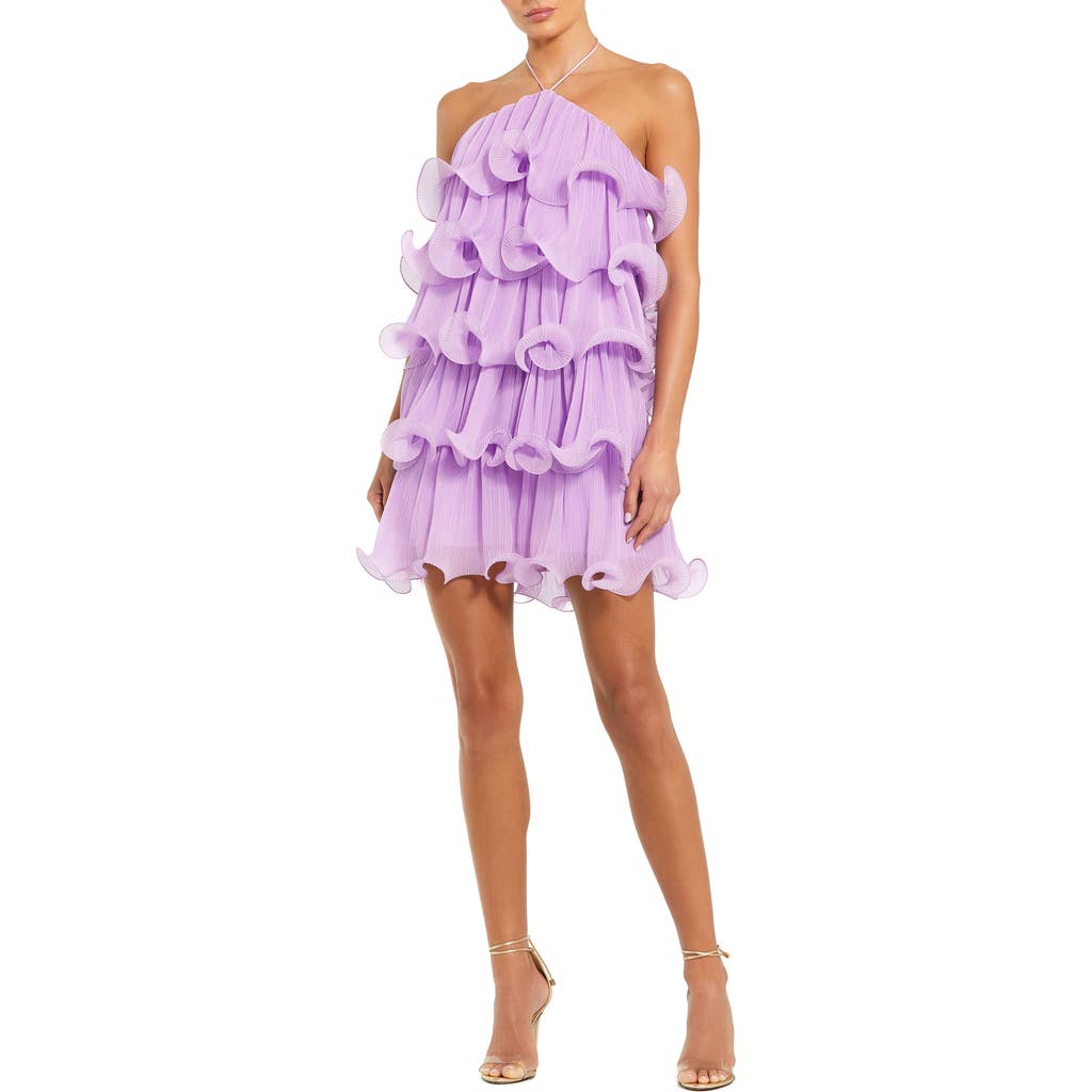 Mac Duggal Halter Tiered Ruffle Crinkle Chiffon Mini Dress In Lilac