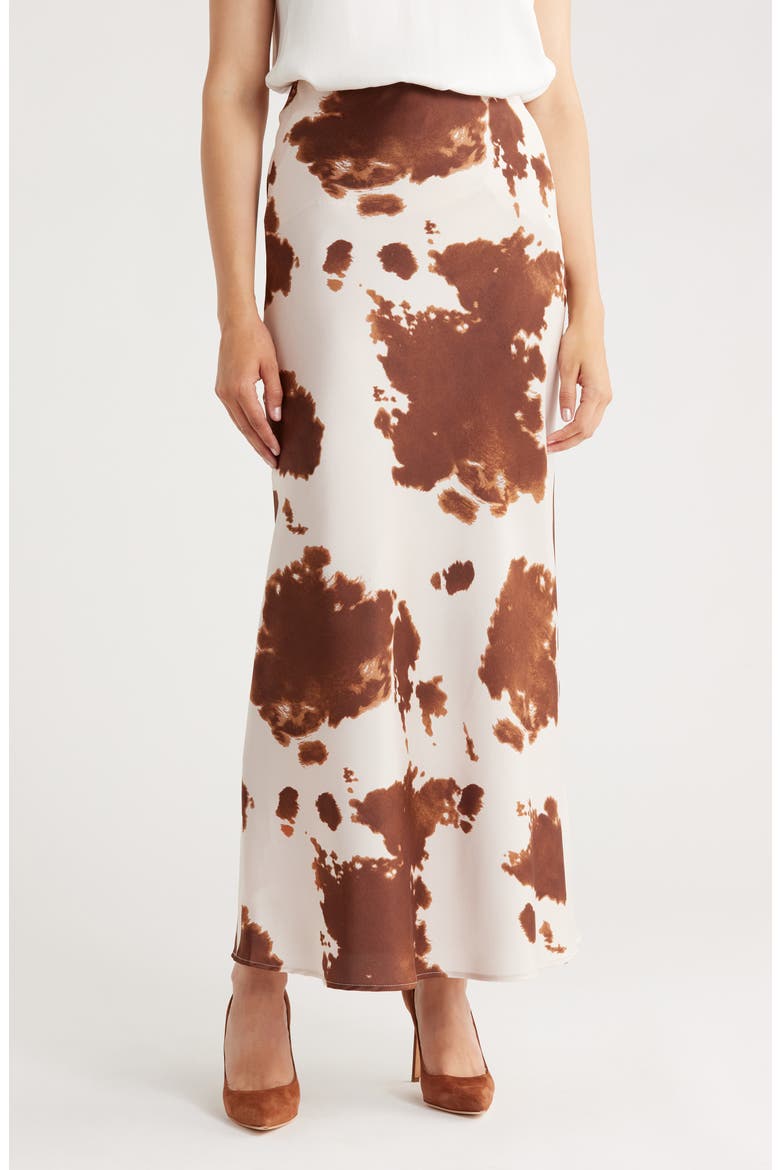 Cow Print Satin Maxi Skirt, Main, color, BROWN