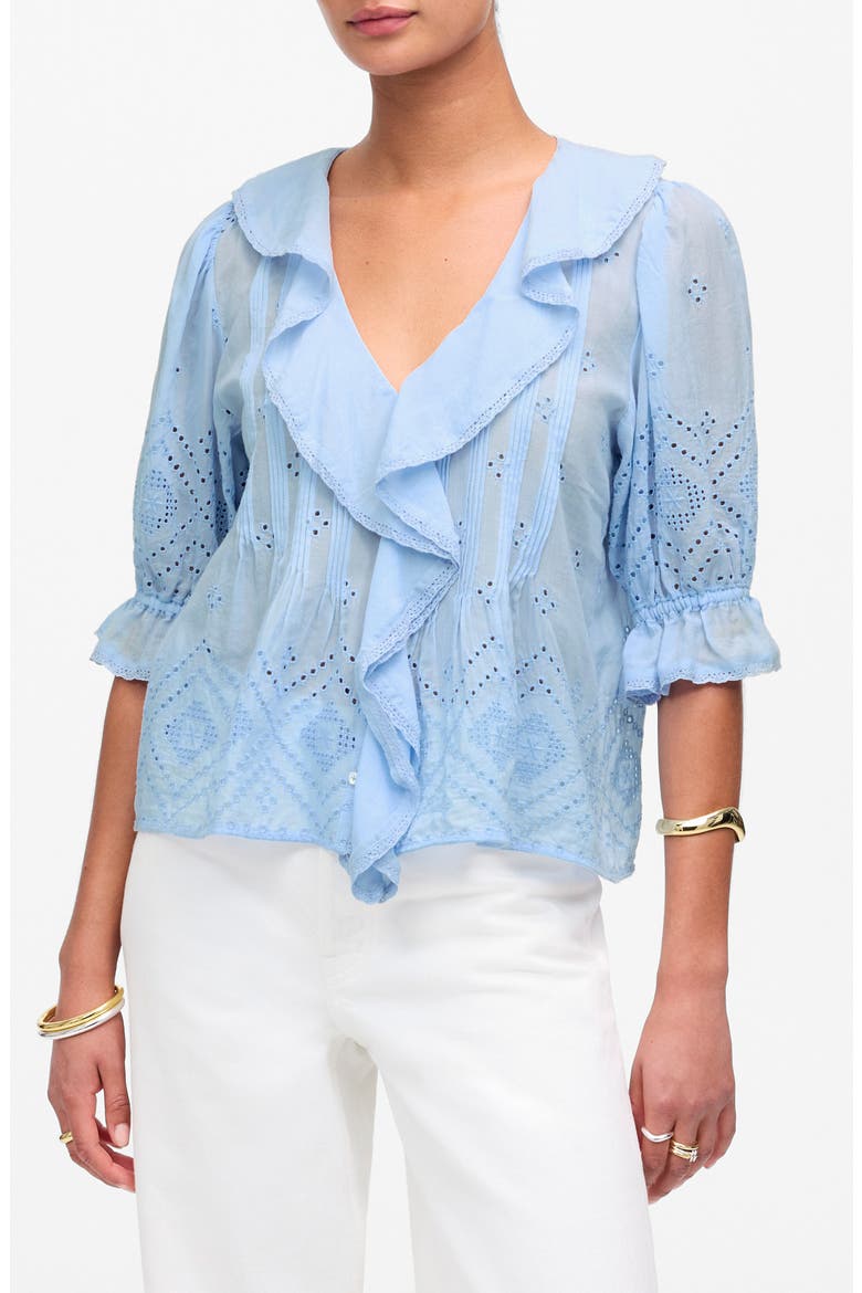 Pintuck Ruffle Puff Sleeve Top, Main, color, LIGHT POOL