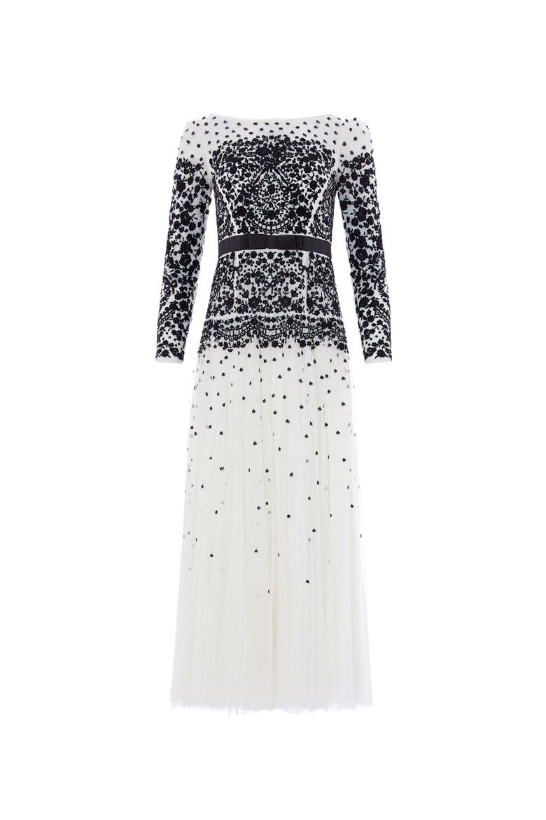 Gilded Lace Long Sleeve Maxi Gown, Alternate, color, Chalk/Graphite