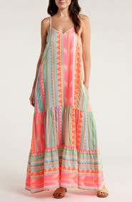 Elan Embroidered Tiered Cotton Blend Cover-Up Maxi Dress