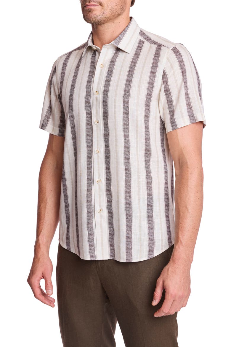Sawyer Short Sleeve Linen Blend Button-Up Shirt, Alternate, color, TAN BROWN STRIPES