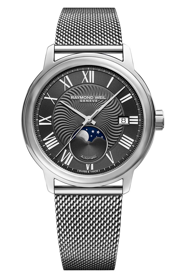 Maestro Moon Phase Automatic Mesh Strap Watch, 40mm, Main, color, SILVER/ GREY/ SILVER
