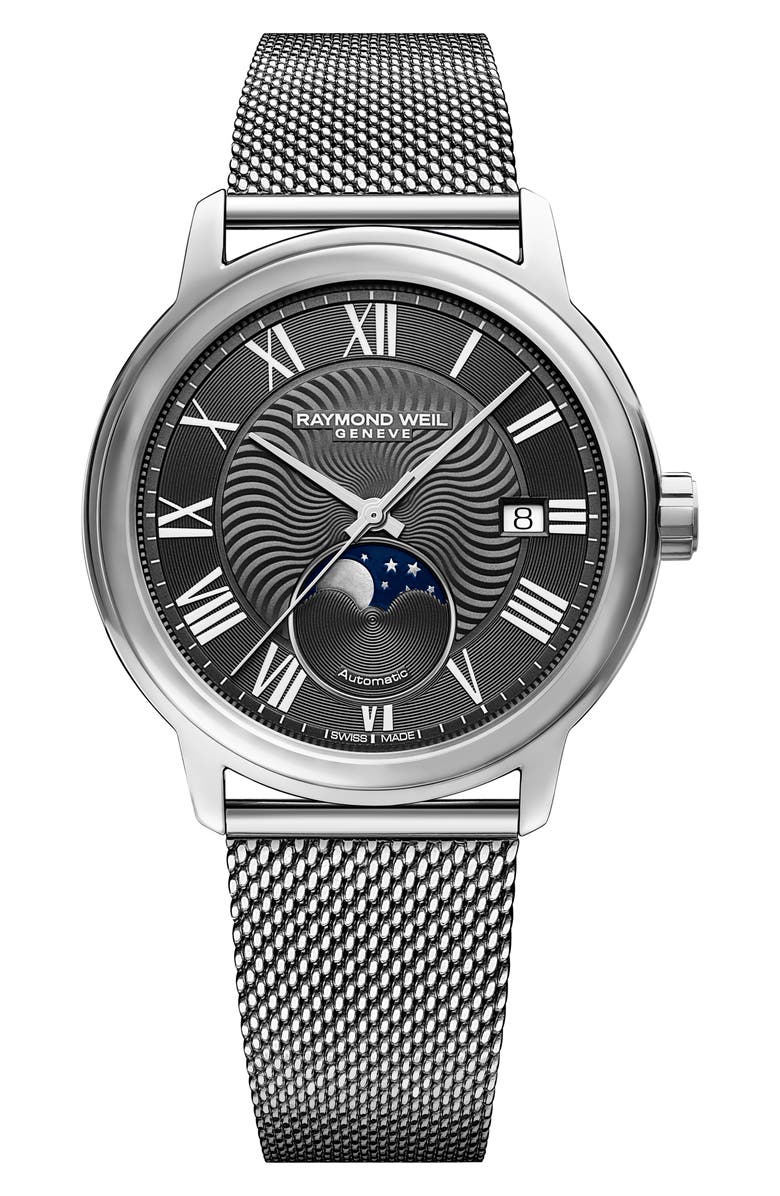 Raymond Weil Maestro Moon Phase Automatic Mesh Strap Watch, 40mm, Main, color,