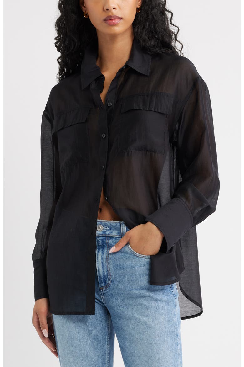 Oversize Organza Button-Up Shirt, Main, color, BLACK
