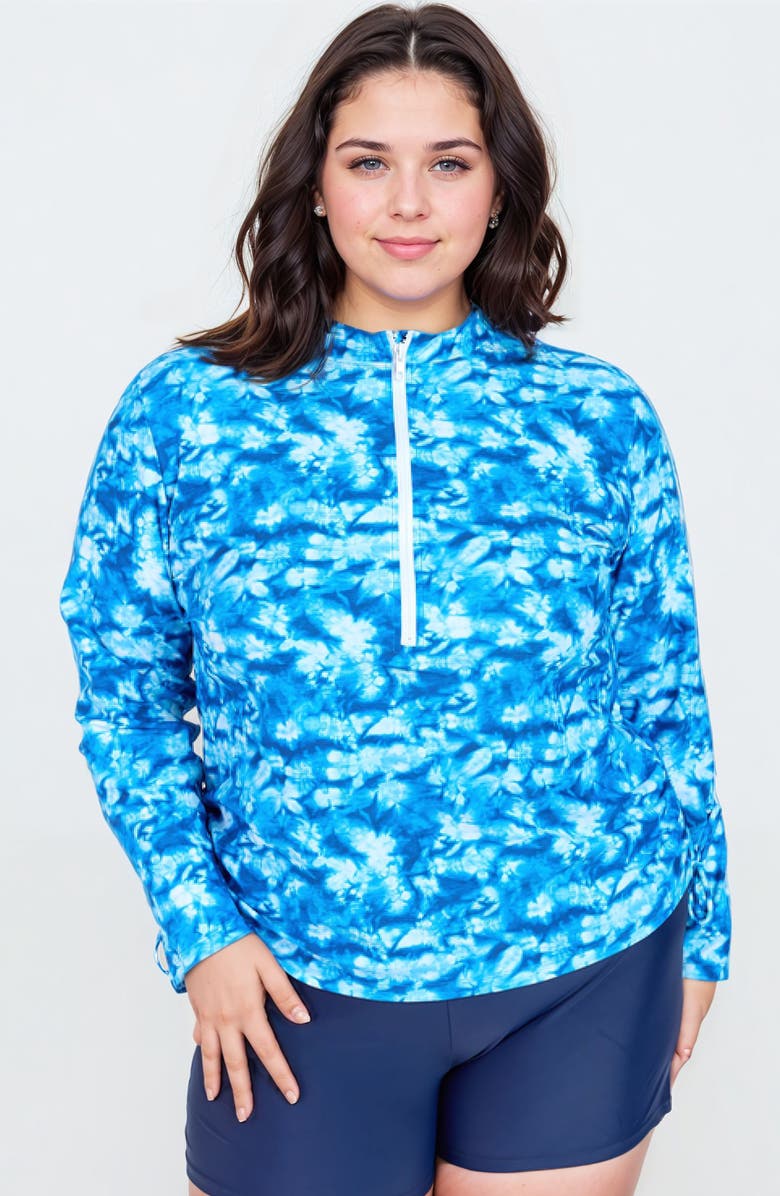 Calypsa Plus Size Half-Zip Nora Swim Top, Main, color, Blue Tie Dye