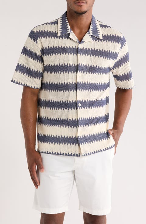 Stripe Textured Cotton Blend Camp Shirt
