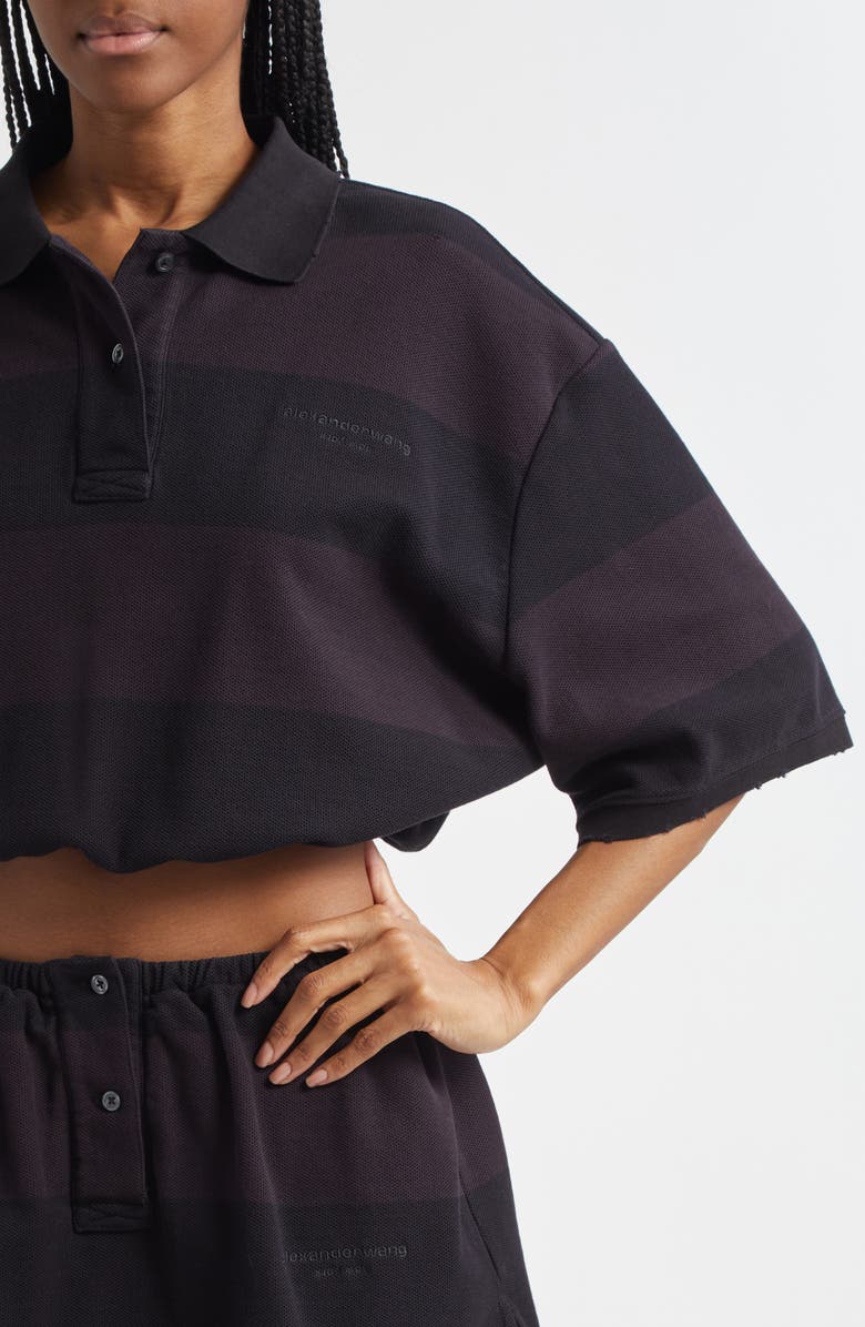 Alexander Wang Deconstructed Crop Piqué Polo, Alternate, color, Black Overdyed Stripe