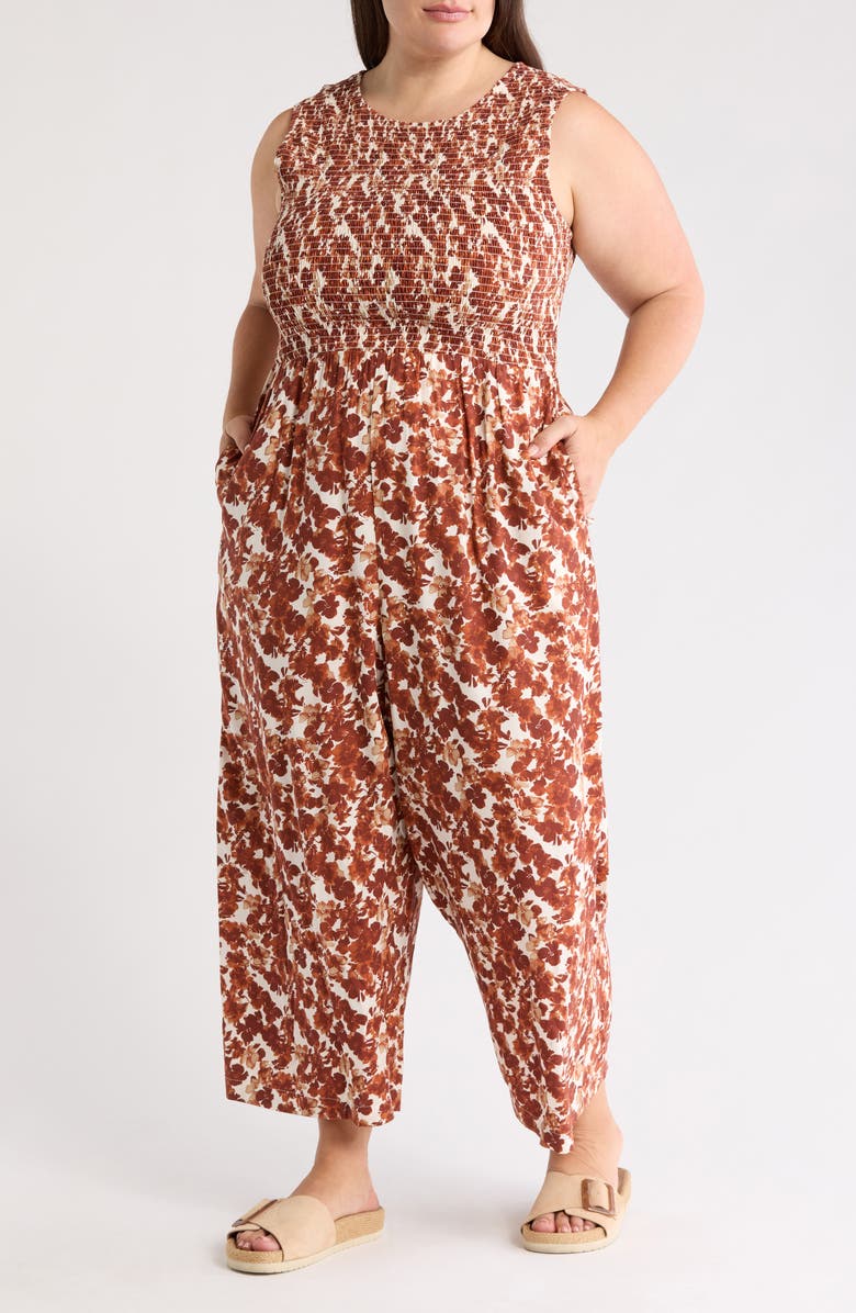 Calvin Klein Floral Sleeveless Smocked Wide Leg Jumpsuit, Main, color, Taupe Multi