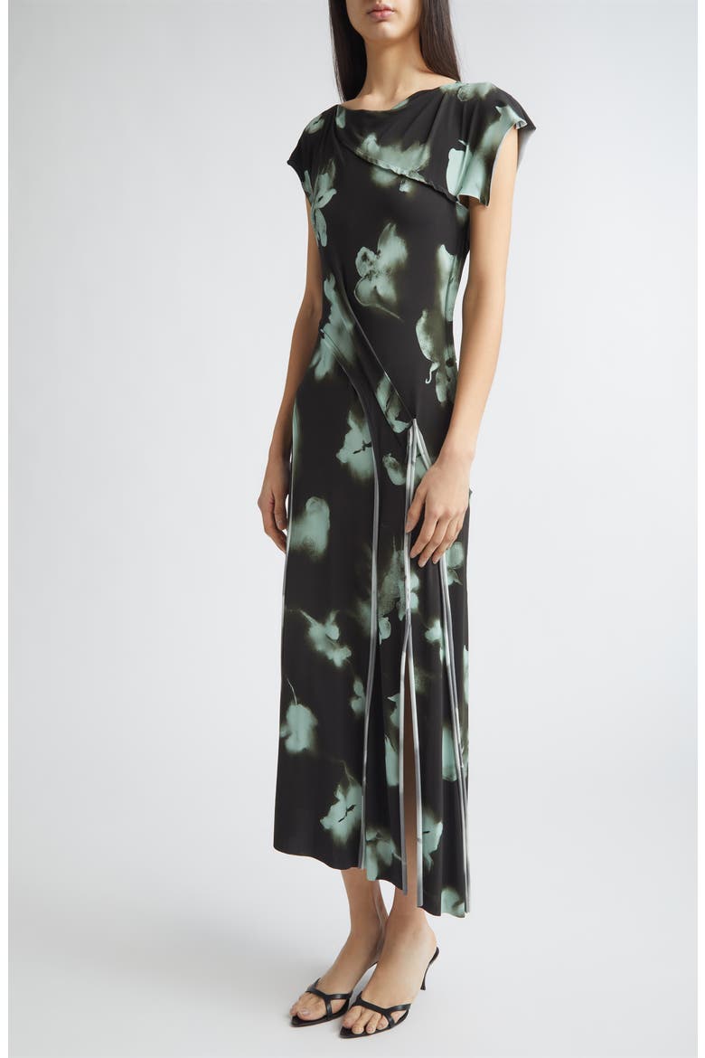 Blurred Floral Print Draped Jersey Dress, Alternate, color, HUNTER GREEN / LIGHT AQUA