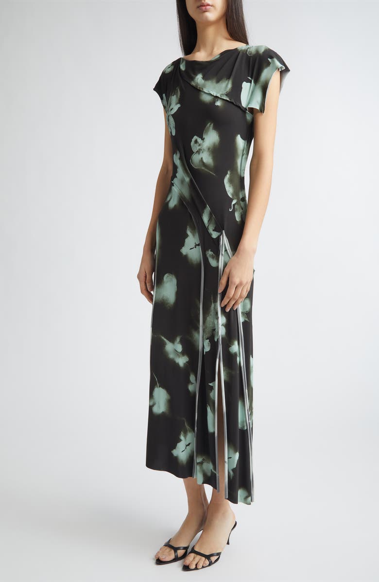 Jason Wu Collection Blurred Floral Print Draped Jersey Dress, Alternate, color, Hunter Green / Light Aqua