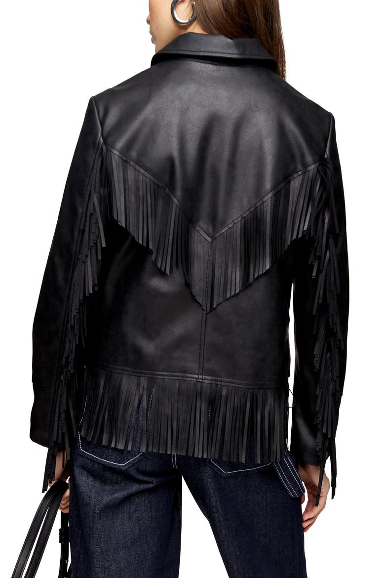 Fringe Trim Faux Leather Jacket, Alternate, color, BLACK
