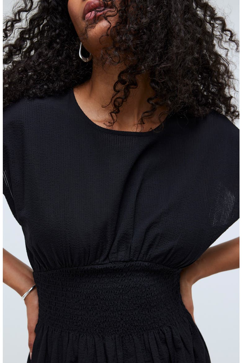 Stripe Smocked Waist Seersucker Midi Dress, Alternate, color, TRUE BLACK