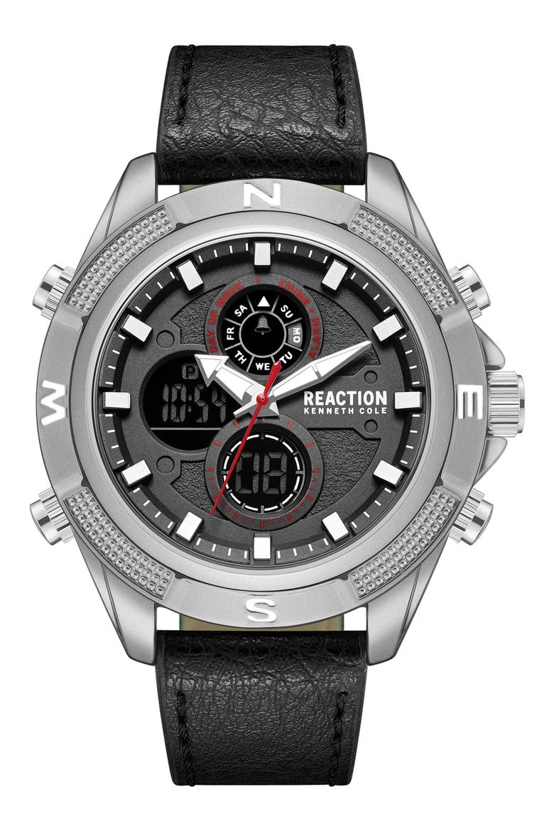 Analog & Digital Faux Leather Strap Watch, 48.2mm, Main, color, BLACK