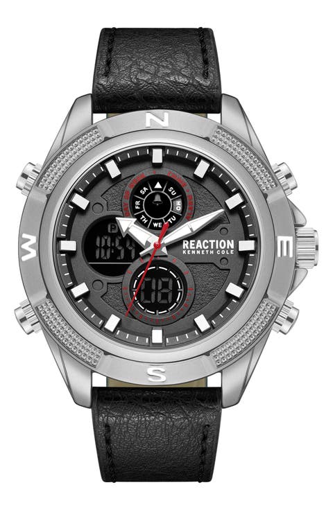 Analog & Digital Faux Leather Strap Watch, 48.2mm