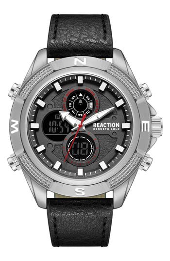 Kenneth Cole Reaction Analog & Digital Faux Leather Strap Watch, 48.2mm